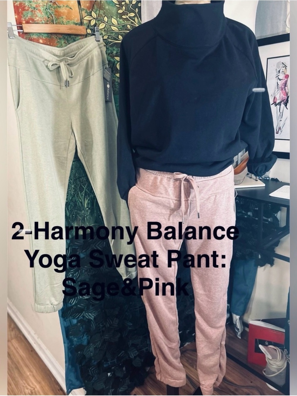 2-Harmony Balance Yoga size: M Sweatpants: Green Sage & Mauve Pink